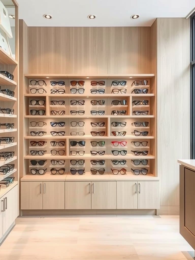 Frames on display in a modern optical shop