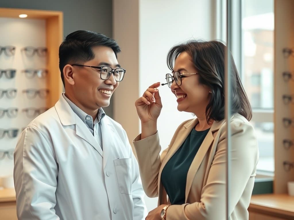 An optometrist helping a customer choose frames
