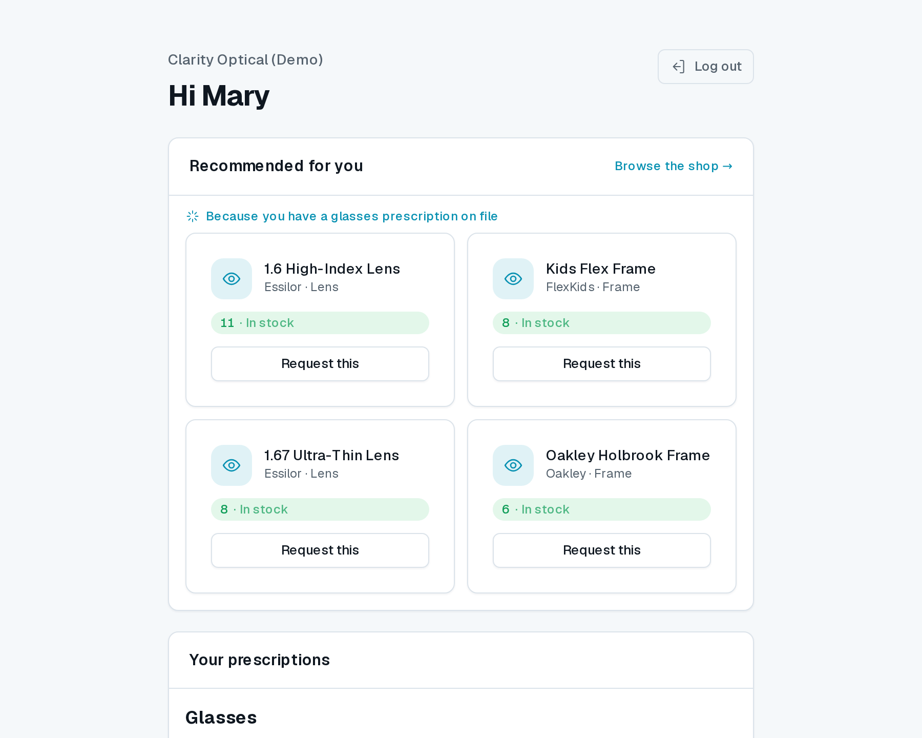 zOpti customer portal showing a prescription and quick-order options