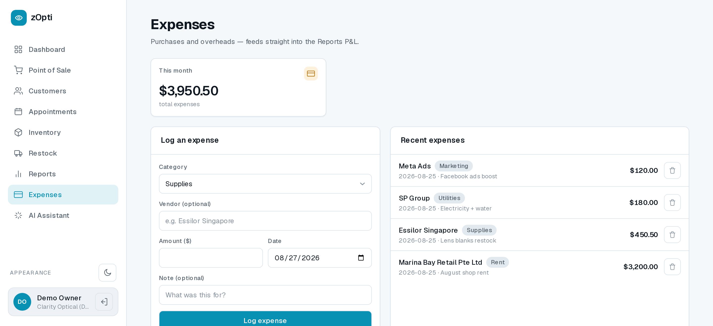 zOpti expenses screen listing rent, utilities, supplies and marketing costs