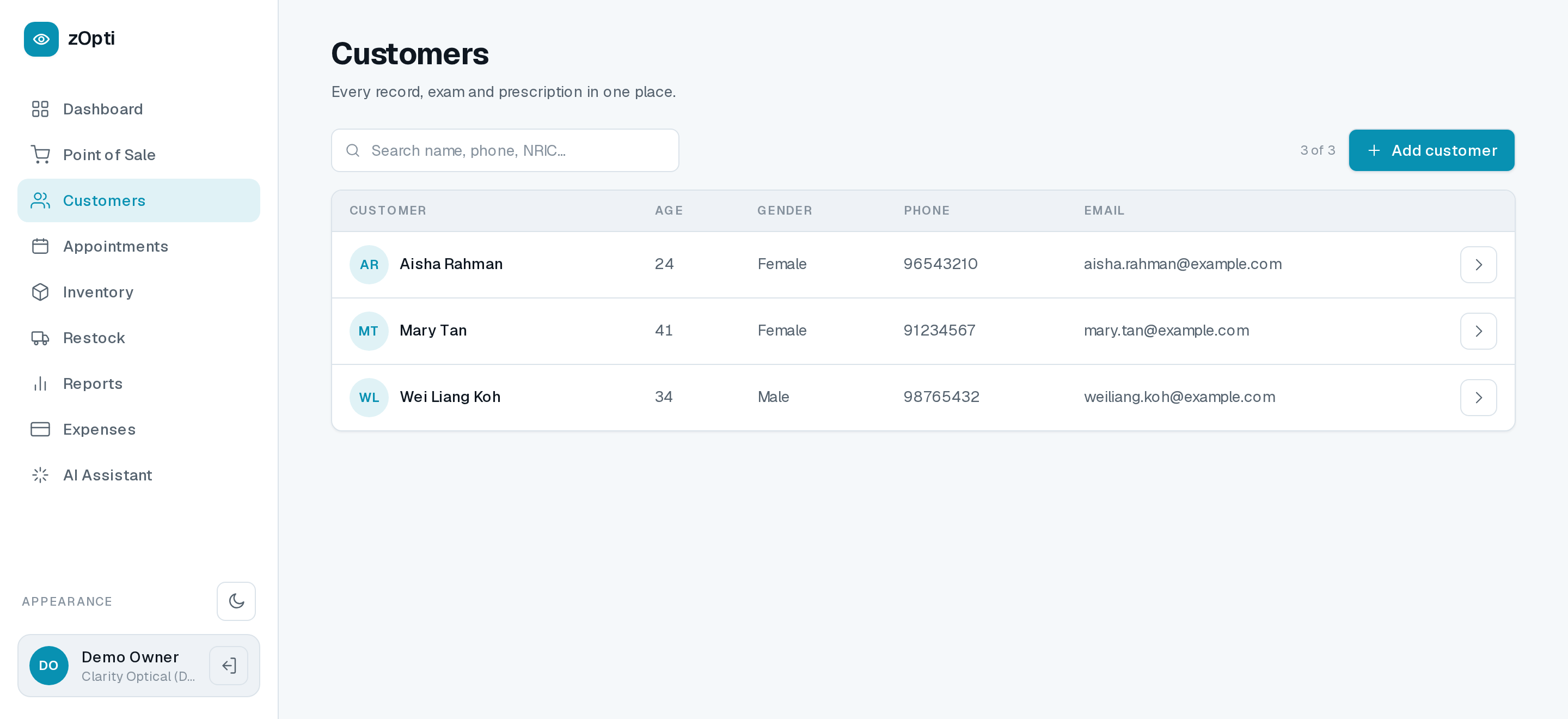 zOpti customer list showing search and per-customer records