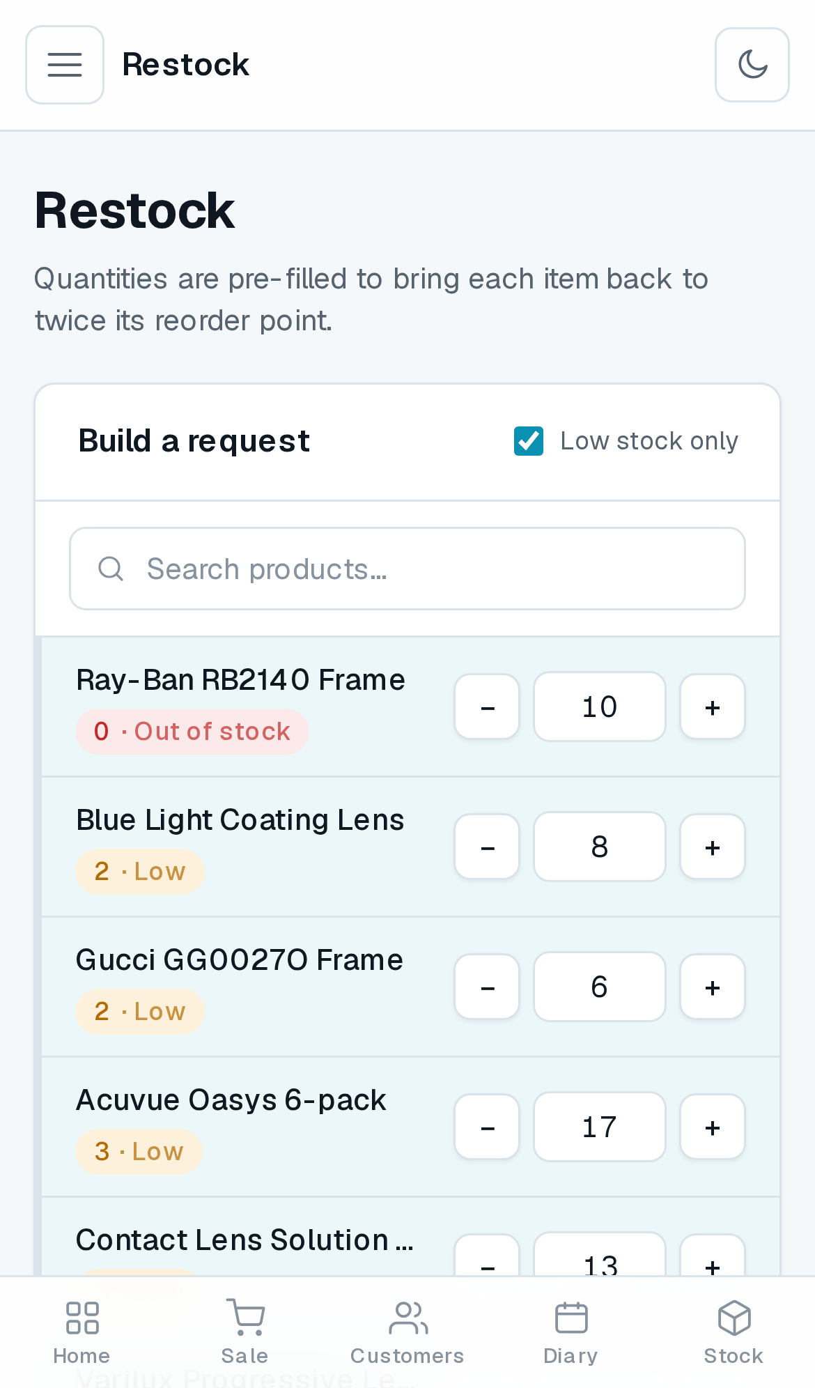 zOpti restock screen on a phone, building a supplier order from low-stock items
